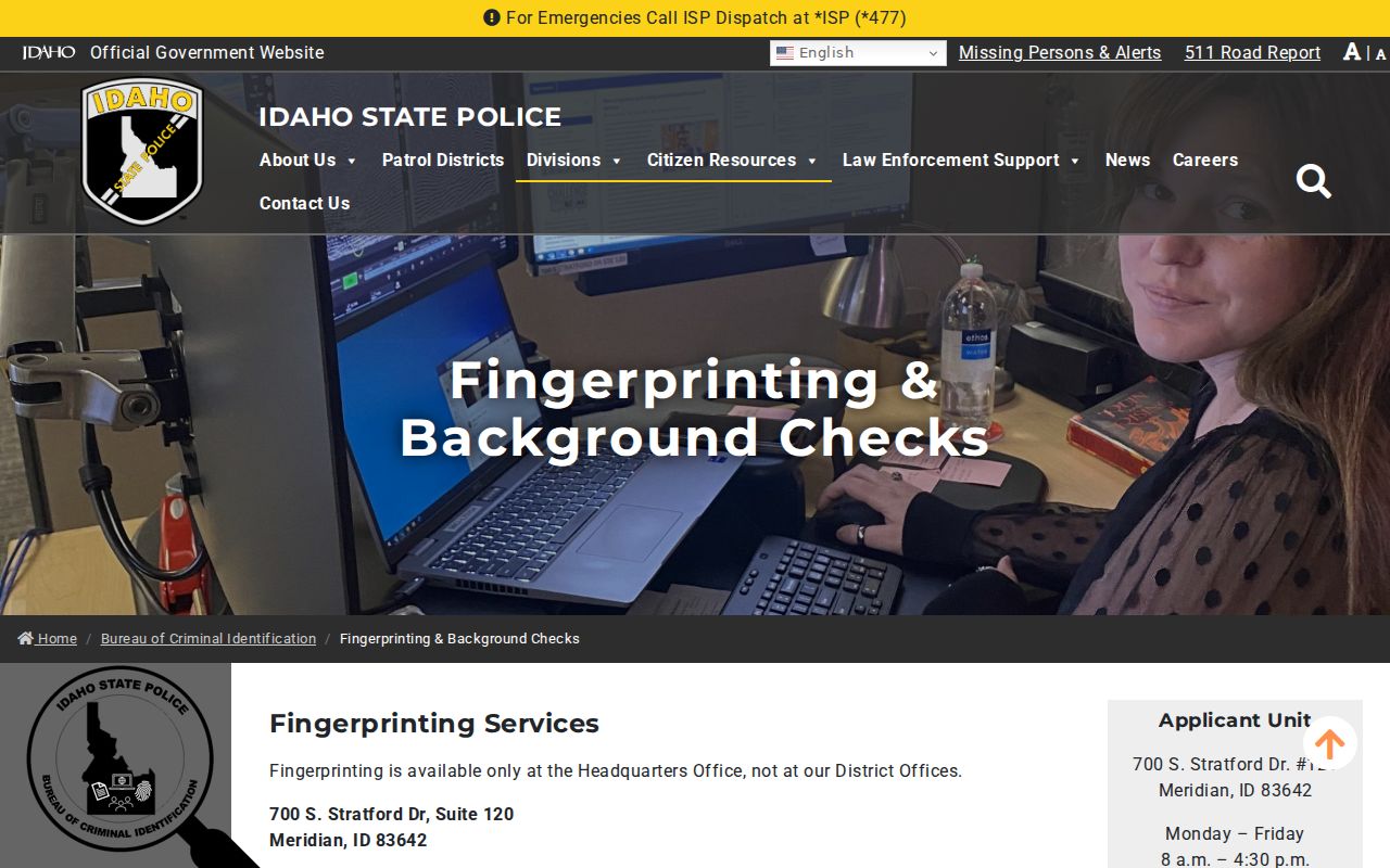 Adams County criminal history options on the Idaho BCI check page